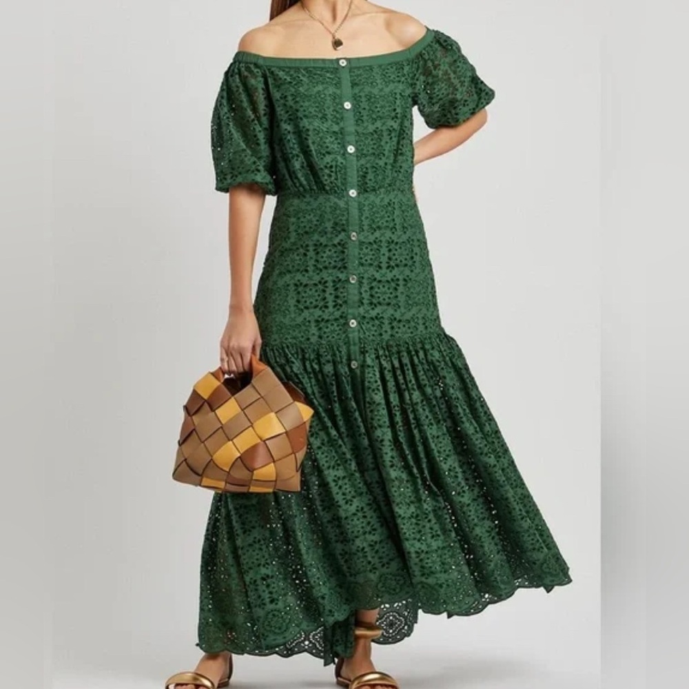 Veronica Beard ruched Cali off the shoulder eyelet dress gown buttons